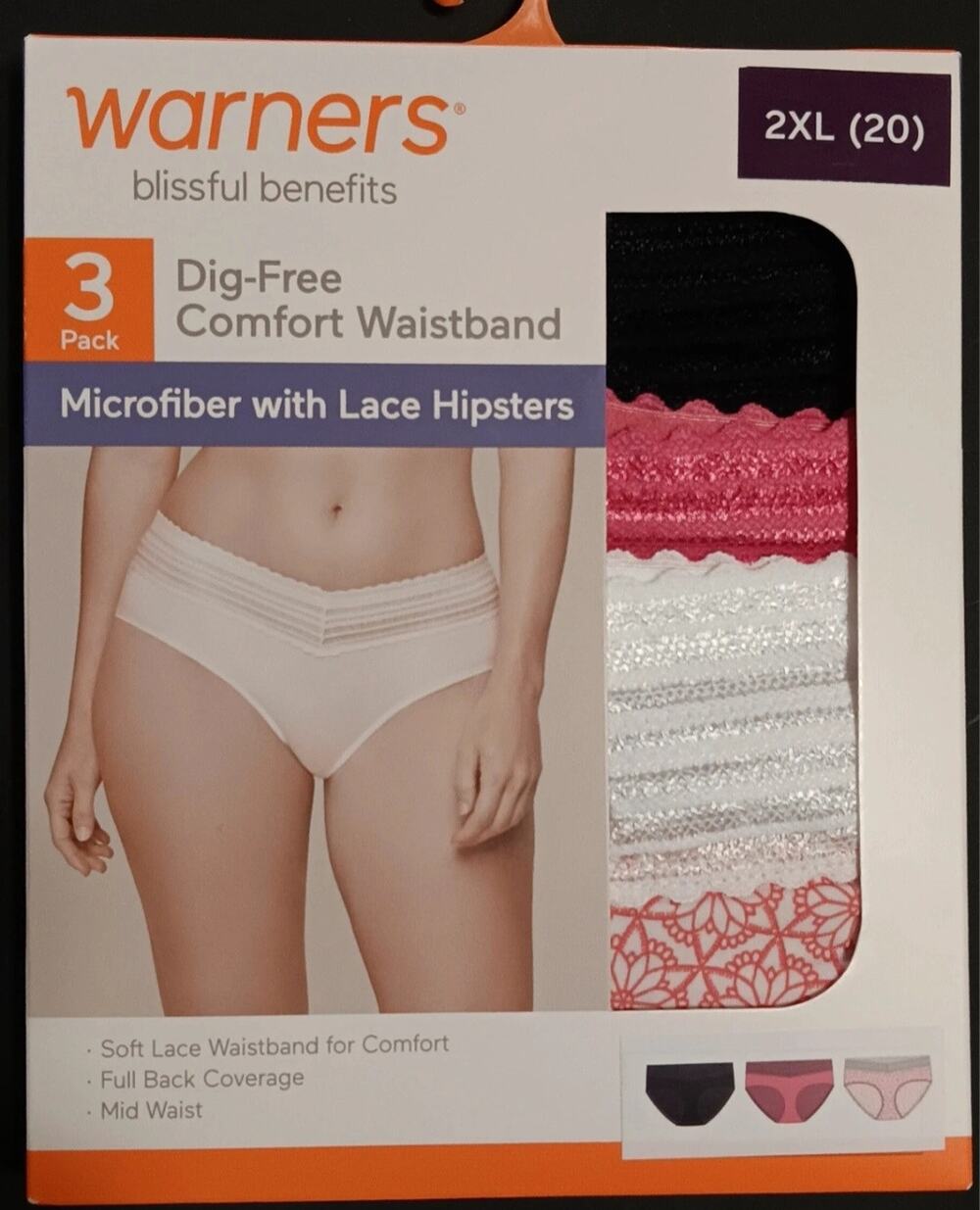 Warner's Blissful Benefits dig-free microfiber & lace hipster underwear 2X NEW